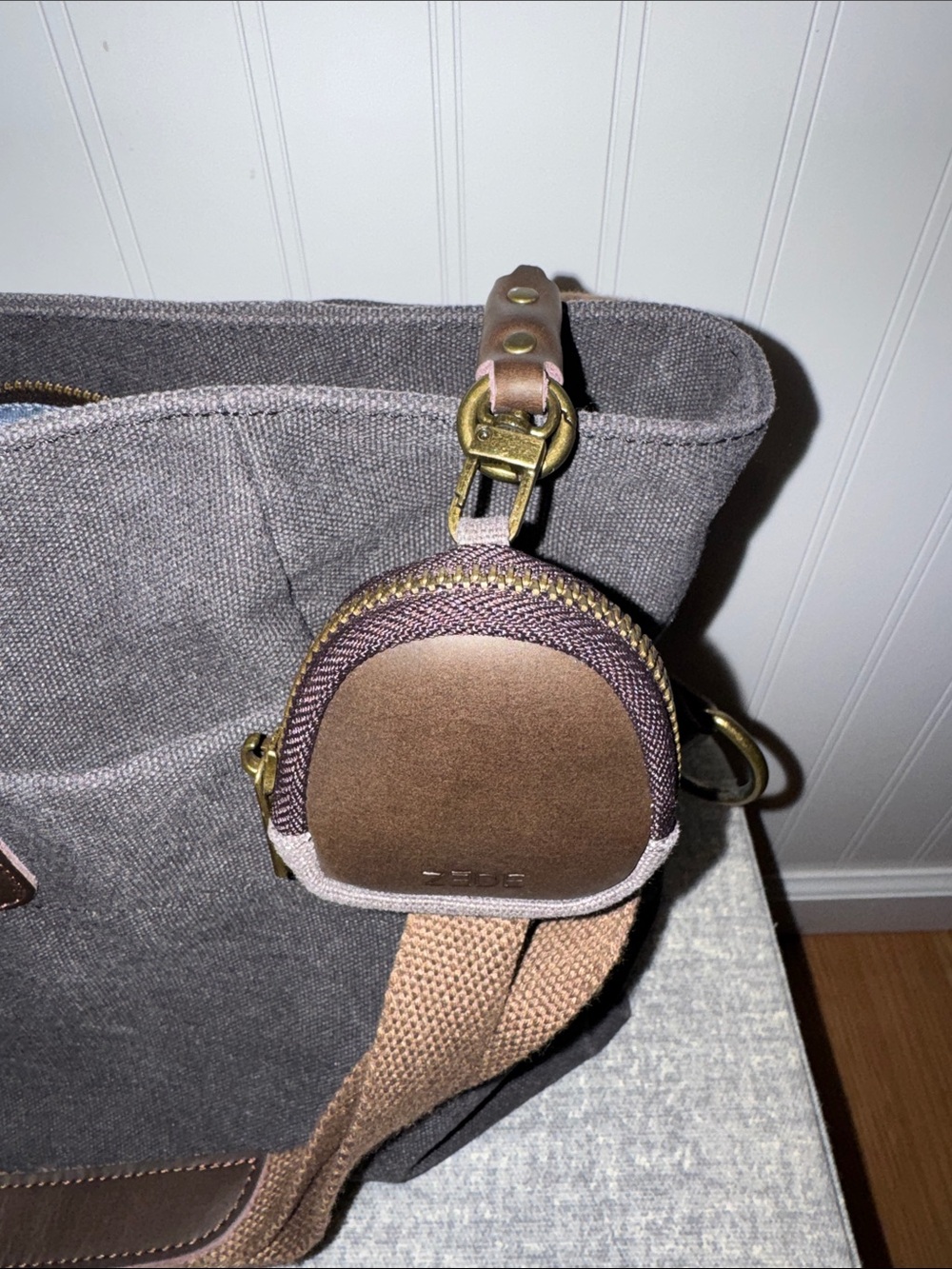 Zede-Dark Gray Canvas Crossbody Tote with Brown Trim with free charm pouch - Picture 2 of 4